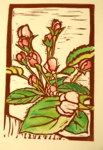 Apple Blossoms, hand colored block print