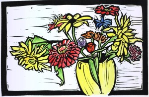 Spirit Guardians, block print with watercolor